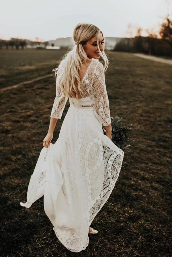 A-line Backless Long Sleeves Rustic Lace Wedding Dresses, Bridal Gown, SW652