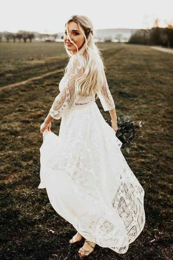 A-line Backless Long Sleeves Rustic Lace Wedding Dresses, Bridal Gown, SW652