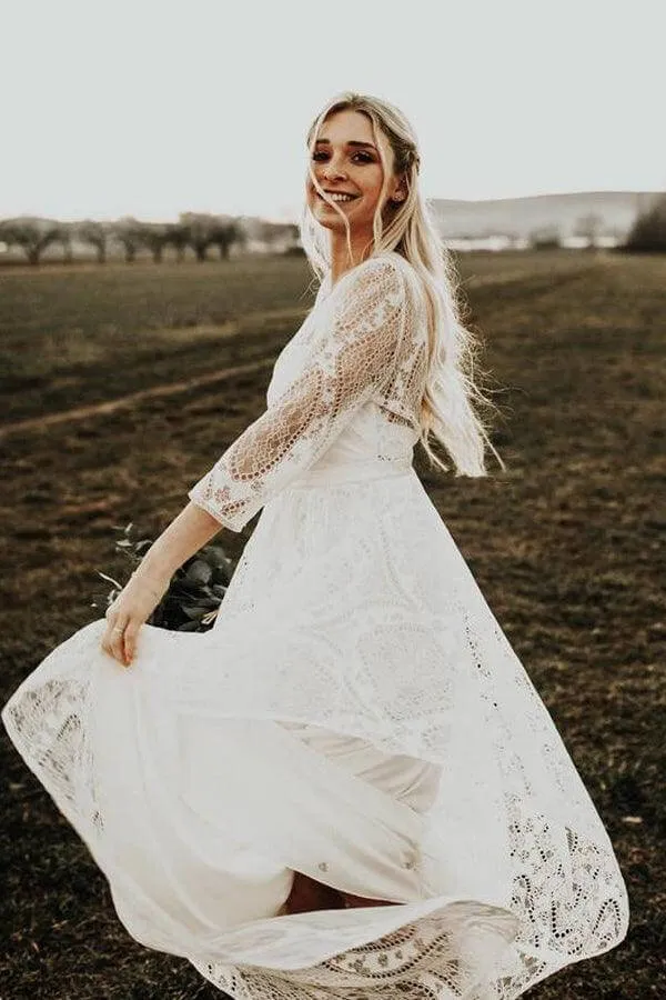 A-line Backless Long Sleeves Rustic Lace Wedding Dresses, Bridal Gown, SW652