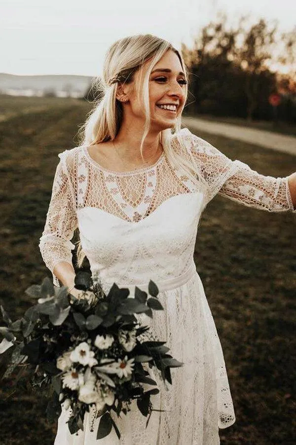 A-line Backless Long Sleeves Rustic Lace Wedding Dresses, Bridal Gown, SW652