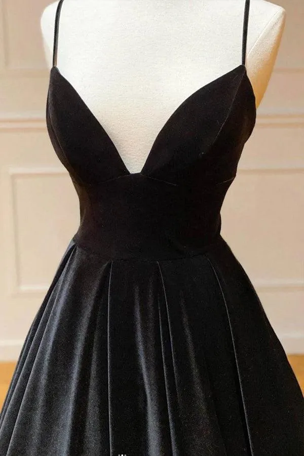 Black Velvet A-line V-neck Simple Prom Dresses, Long Formal Dresses, SP975