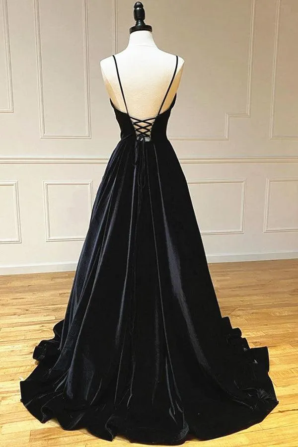 Black Velvet A-line V-neck Simple Prom Dresses, Long Formal Dresses, SP975