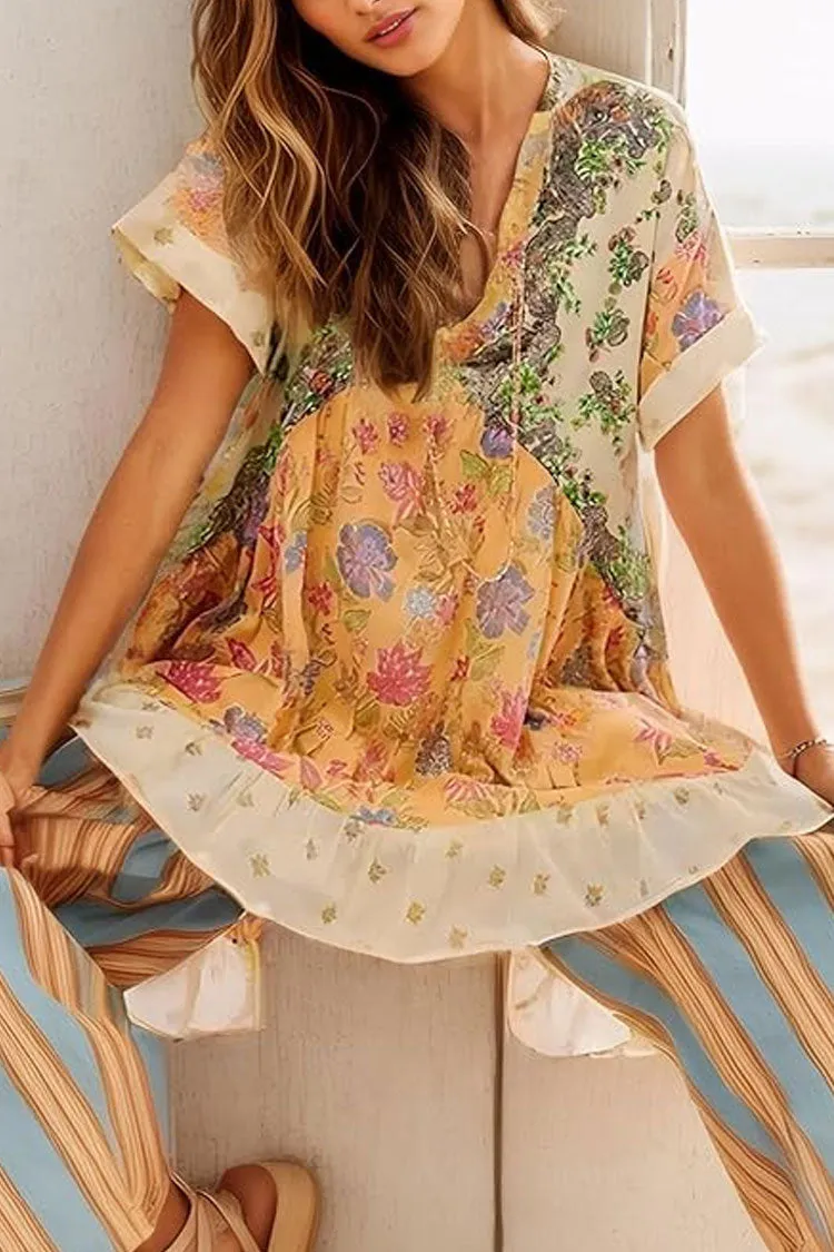 Boho Floral Patchwork V Neck Ruffle Babydoll Beach Vacation Mini Dress