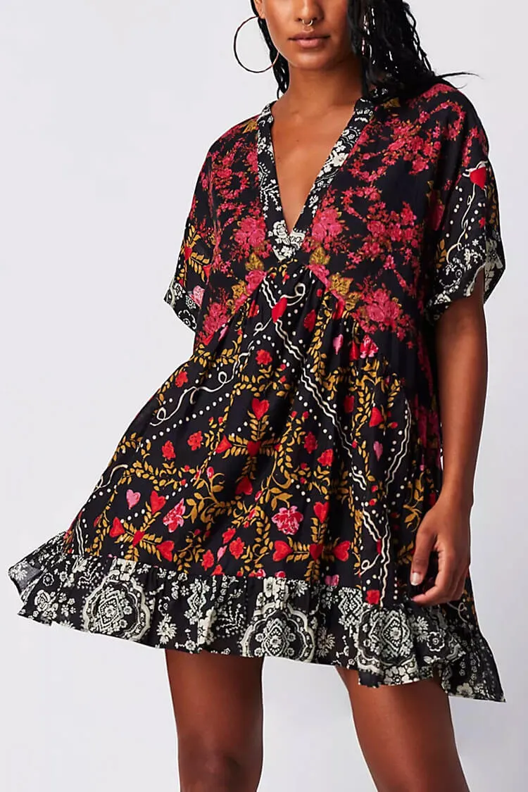 Boho Floral Patchwork V Neck Ruffle Babydoll Beach Vacation Mini Dress