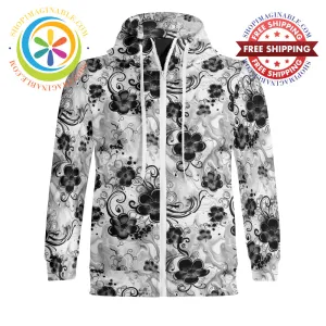 Boho Flowers Full Zip Turtleneck Hoodie Streetwear