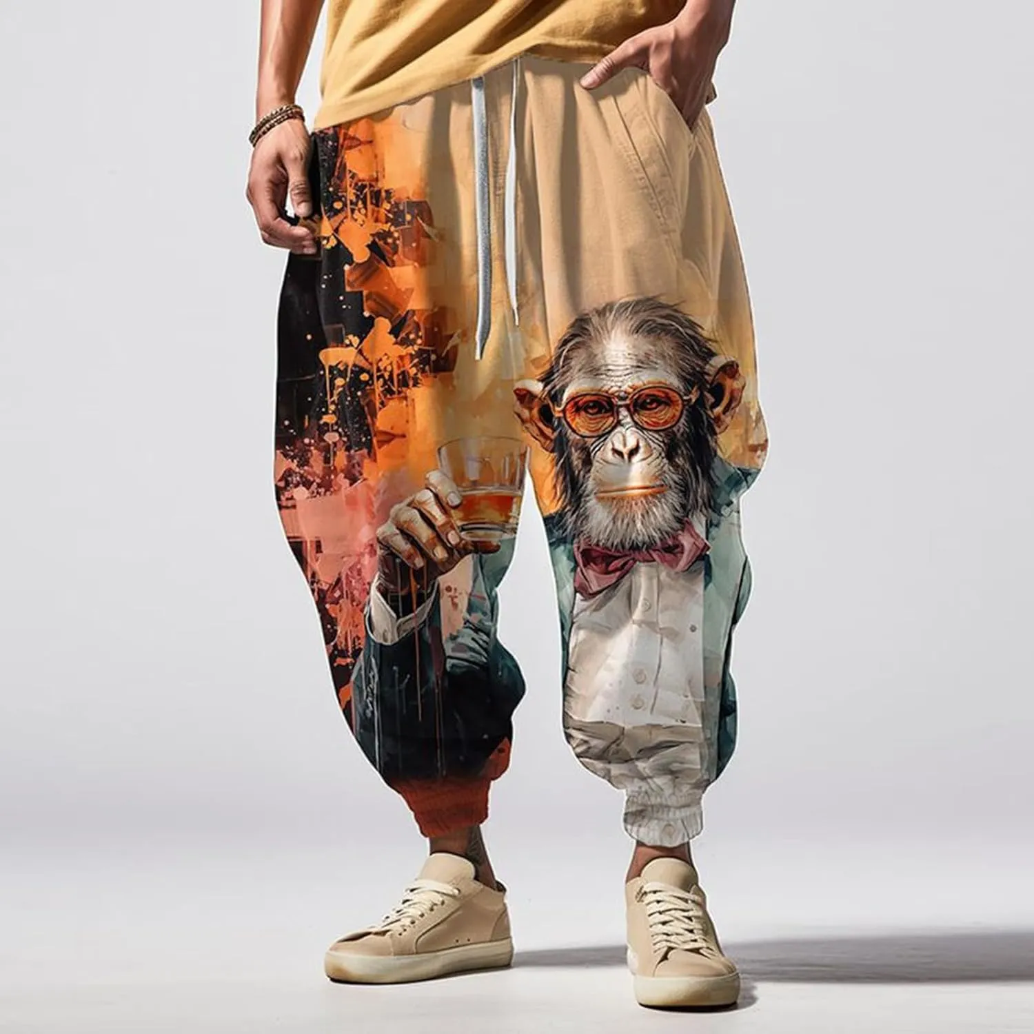 Casual Loose Hippie Drop Crotch Trouser Elastic Cotton Casual Mid with Pockets Pants Men's Mens Casual Cargo Pants