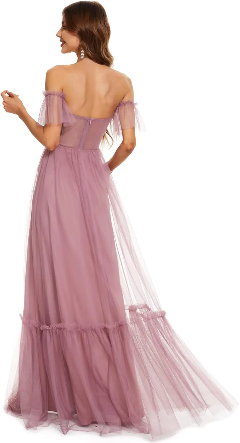 Ever-Pretty Women's Formal Dress Sweetheart Off-Shoulder Ruched Tulle Maxi Bridesmaid Dresses 50126