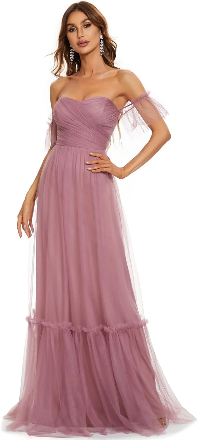 Ever-Pretty Women's Formal Dress Sweetheart Off-Shoulder Ruched Tulle Maxi Bridesmaid Dresses 50126