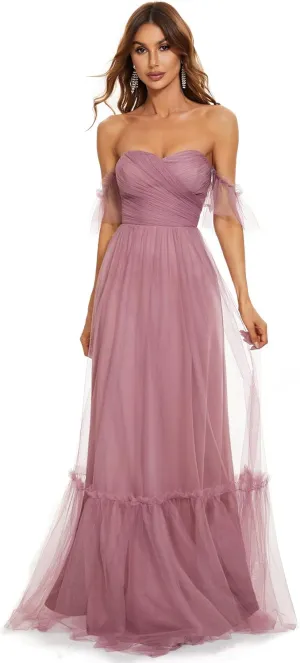 Ever-Pretty Women's Formal Dress Sweetheart Off-Shoulder Ruched Tulle Maxi Bridesmaid Dresses 50126