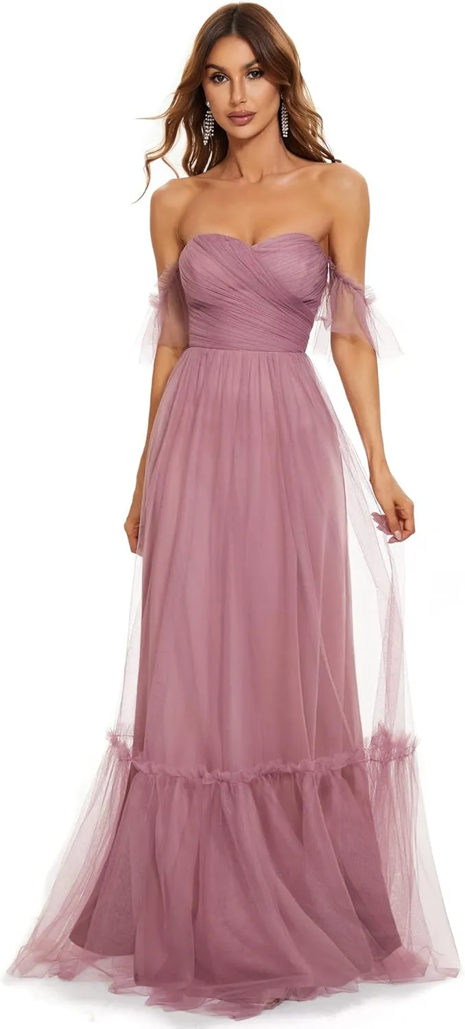 Ever-Pretty Women's Formal Dress Sweetheart Off-Shoulder Ruched Tulle Maxi Bridesmaid Dresses 50126