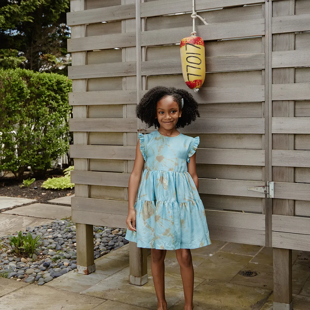 Girls Silk Polly Dress - Milky Blue Tie Dye