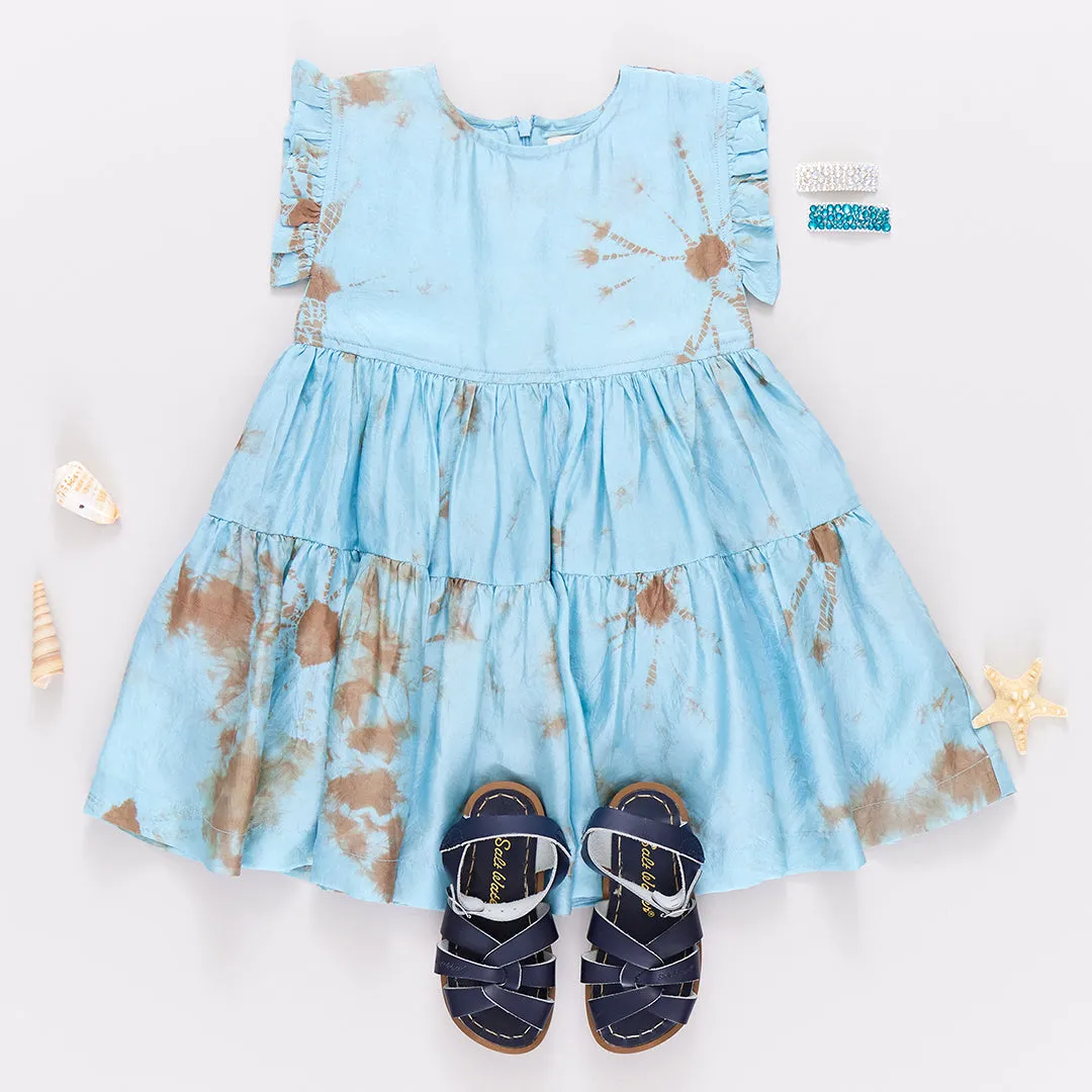 Girls Silk Polly Dress - Milky Blue Tie Dye
