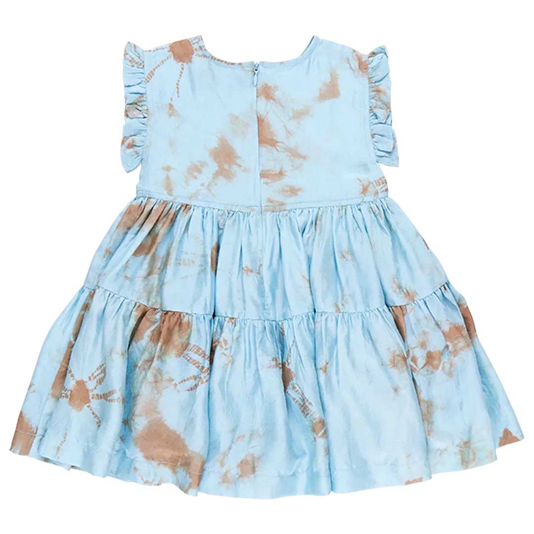 Girls Silk Polly Dress - Milky Blue Tie Dye