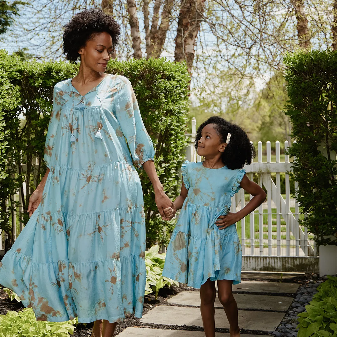 Girls Silk Polly Dress - Milky Blue Tie Dye