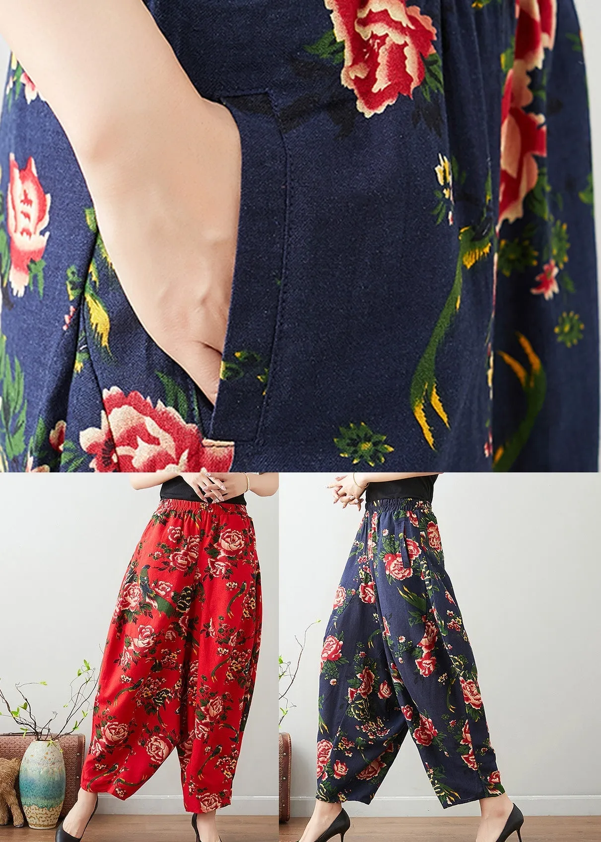 Handmade Red Print Cozy Waist Wide Pants TQ1011