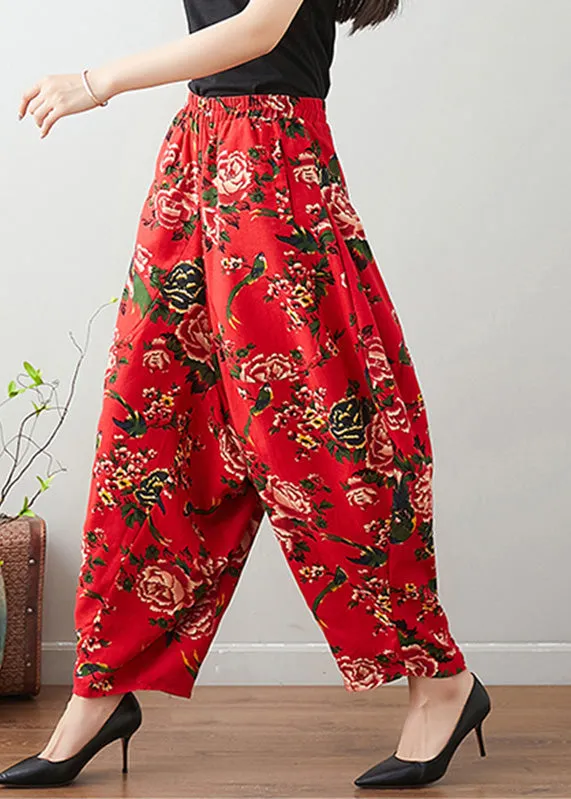 Handmade Red Print Cozy Waist Wide Pants TQ1011