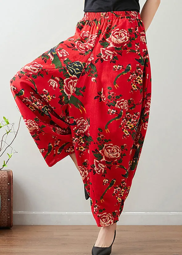 Handmade Red Print Cozy Waist Wide Pants TQ1011