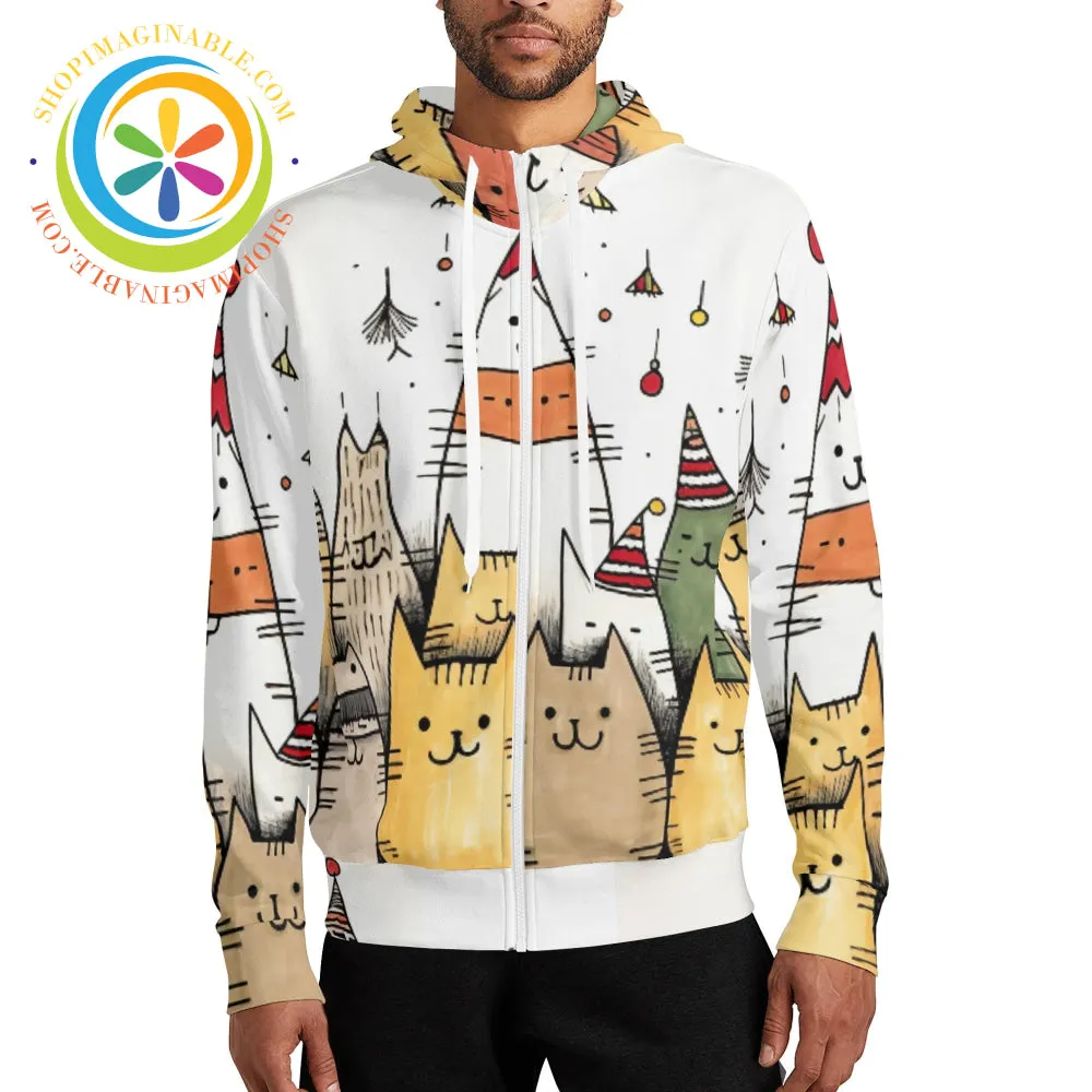 Holiday Cats Full Zip Turtleneck Hoodie Streetwear