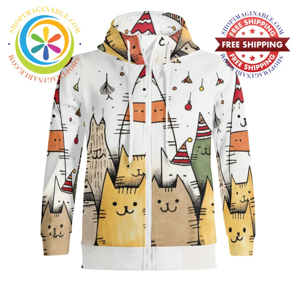 Holiday Cats Full Zip Turtleneck Hoodie Streetwear
