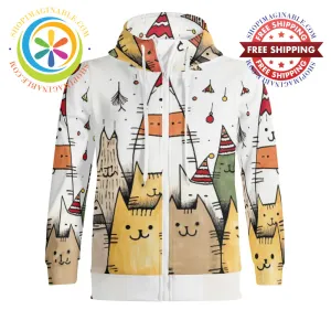 Holiday Cats Full Zip Turtleneck Hoodie Streetwear