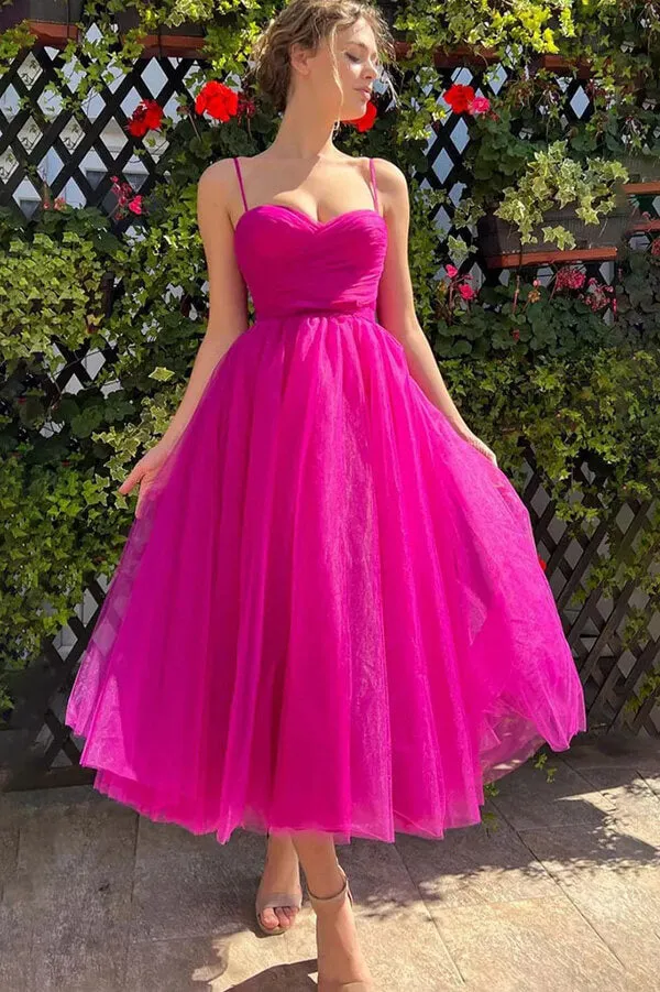 Hot Pink Tulle A-line Sweetheart Pleated Bodice Homecoming Dresses, SH638