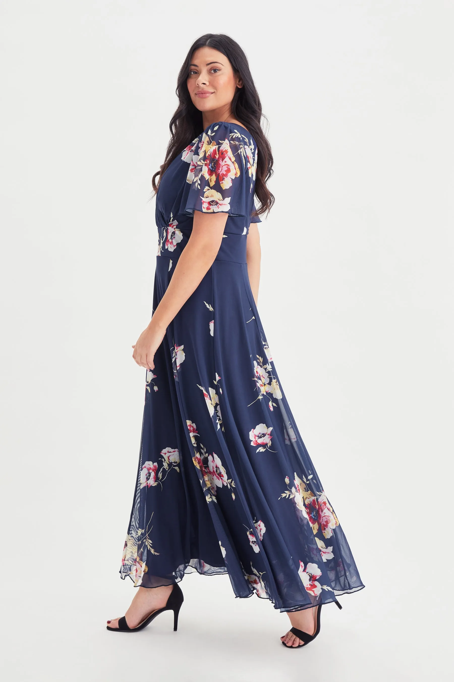 Isabelle Navy Flower Float Sleeve Maxi Dress