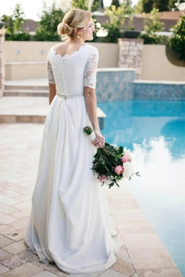 Ivory A-line Half Sleeves Lace Beaded Wedding Dresses, Bridal Gown, SW443