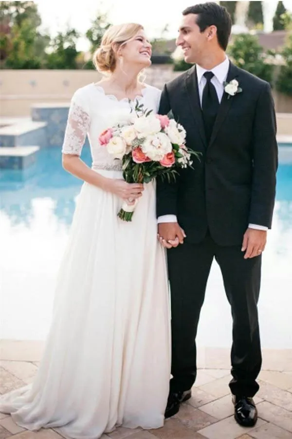 Ivory A-line Half Sleeves Lace Beaded Wedding Dresses, Bridal Gown, SW443