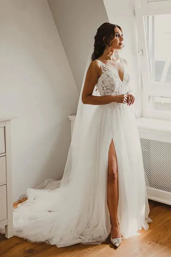 Ivory Tulle Lace A-line V-neck Wedding Dresses, Bridal Gowns With Side Slit, SW583