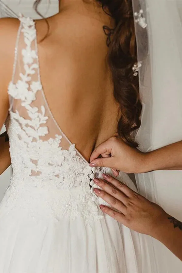 Ivory Tulle Lace A-line V-neck Wedding Dresses, Bridal Gowns With Side Slit, SW583