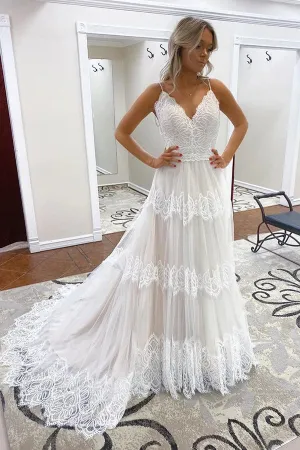 Lace A-line V-neck Spaghetti Straps Rustic Wedding Dresses, Bridal Gown, SW485