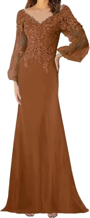 Lace Appliques Mother of The Bride Dress with Sleeves Chiffon Formal Evening Dresses for WomenWedding Reception Gowns