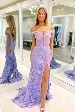 Lavender Tulle Mermaid Off-the-Shoulder Lace Appliques Prom Dresses, SLP026
