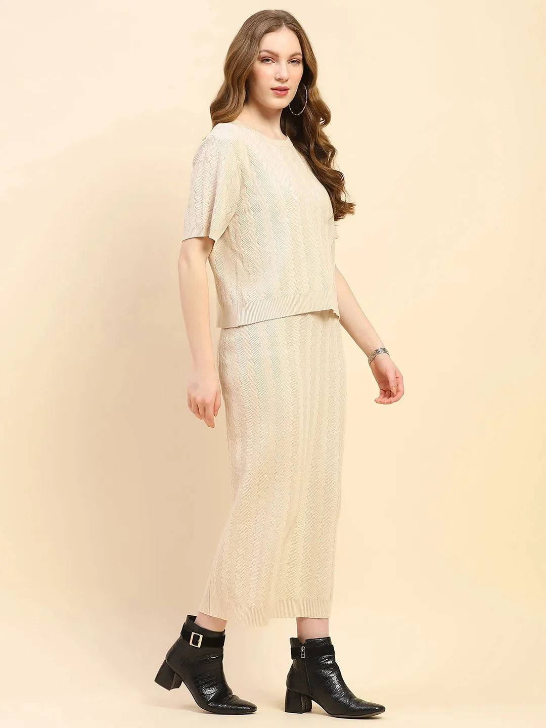 Light Beige Solid Viscose Blend Boxy Fit Co-ord Set