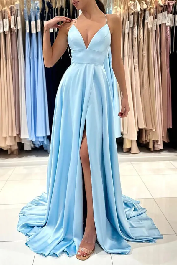Light Blue Silk Satin A-line V-neck Long Prom Dresses, Evening Dresses, SP934
