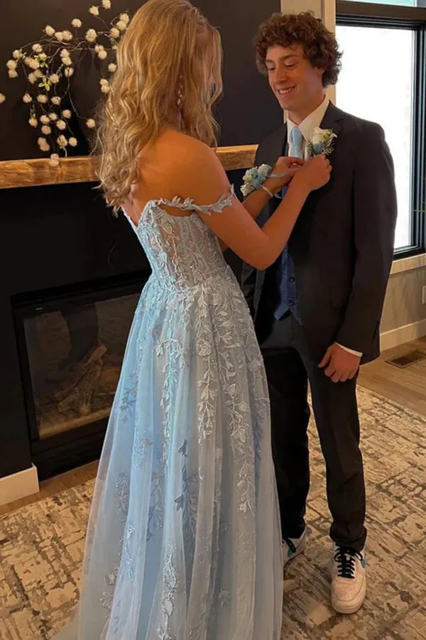 Light Blue Tulle Off Shoulder Long Prom Dresses With Lace Appliques, SP952