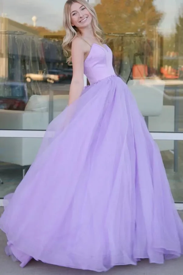 Lilac Ball Gown Tulle Sweetheart Neck Prom Dresses, Long Formal Dresses, SP871