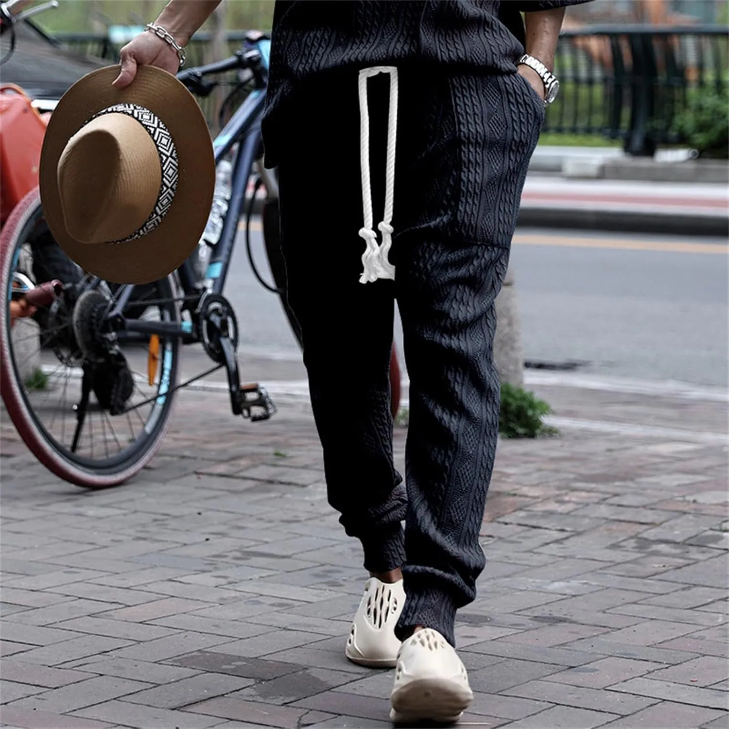 Men's Chino Harem Pants Fit Casual Pull-On Cotton Sweatpants Solid Colors Drawstring Waists for Outdoor Everyday