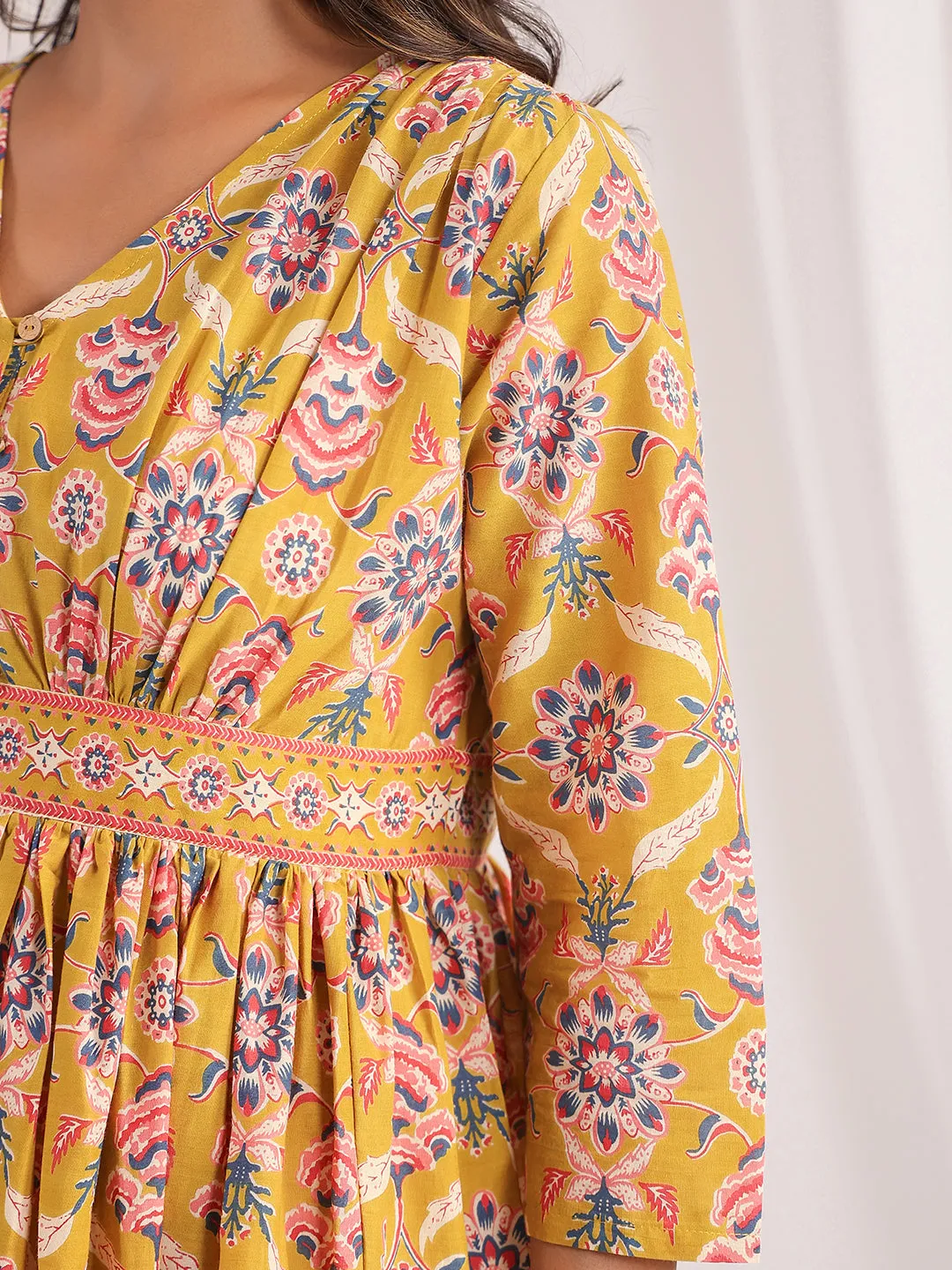 Mustard Cambric Ethnic Motifs Gathered Dress