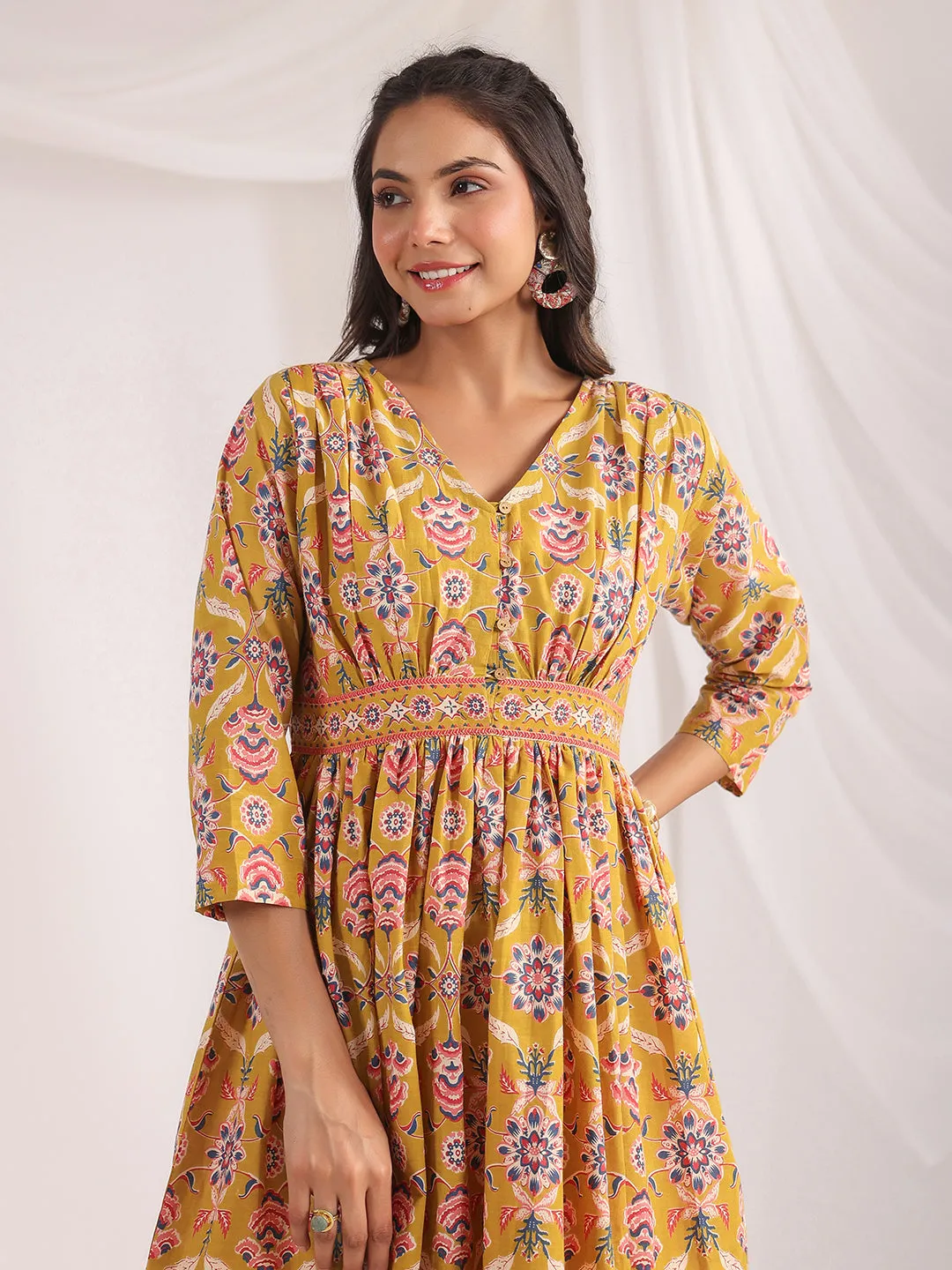 Mustard Cambric Ethnic Motifs Gathered Dress