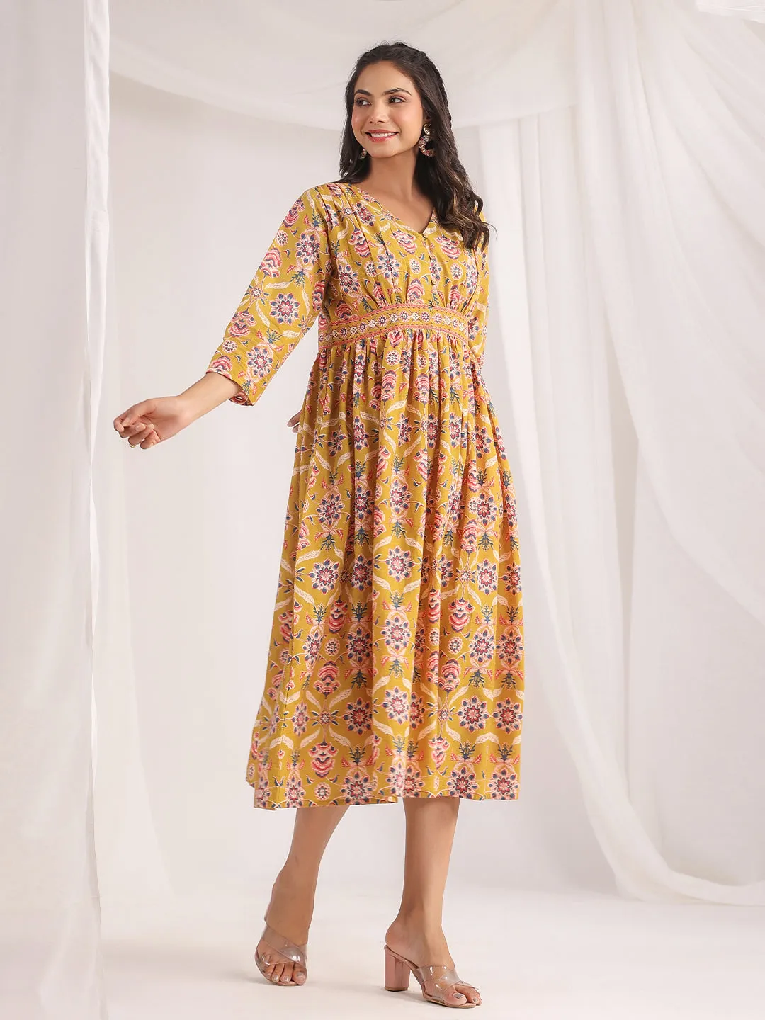 Mustard Cambric Ethnic Motifs Gathered Dress
