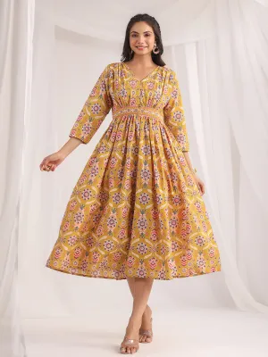 Mustard Cambric Ethnic Motifs Gathered Dress