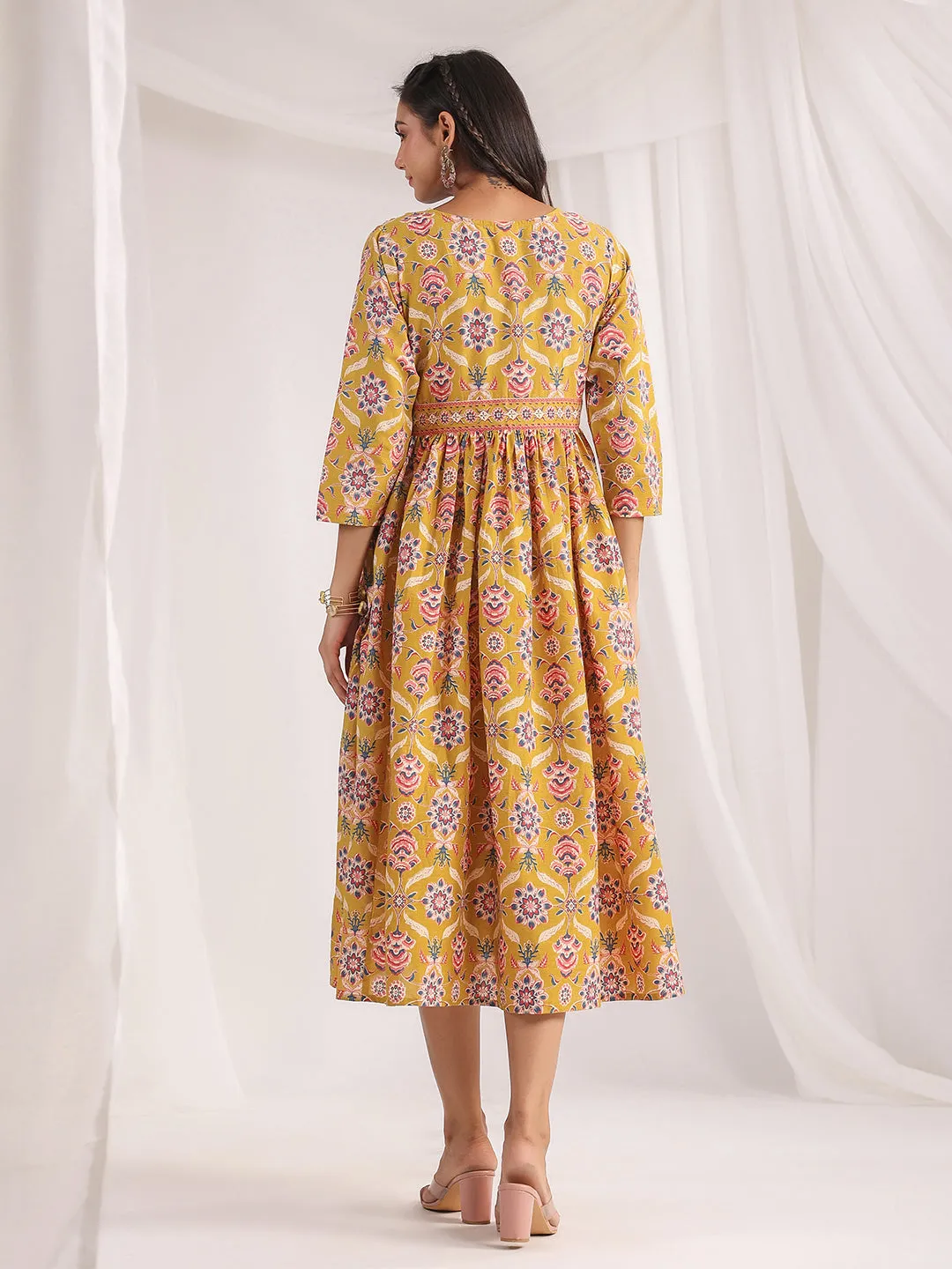 Mustard Cambric Ethnic Motifs Gathered Dress