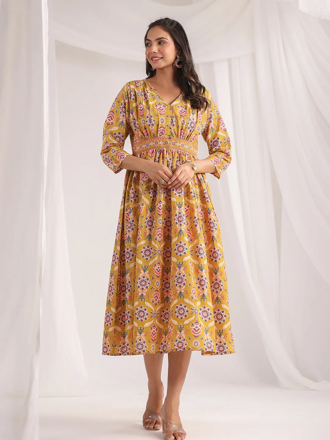 Mustard Cambric Ethnic Motifs Gathered Dress