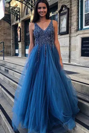 New Arrival Blue Tulle Beaded A Line V Neck Backless Long Prom Dresses, SP544