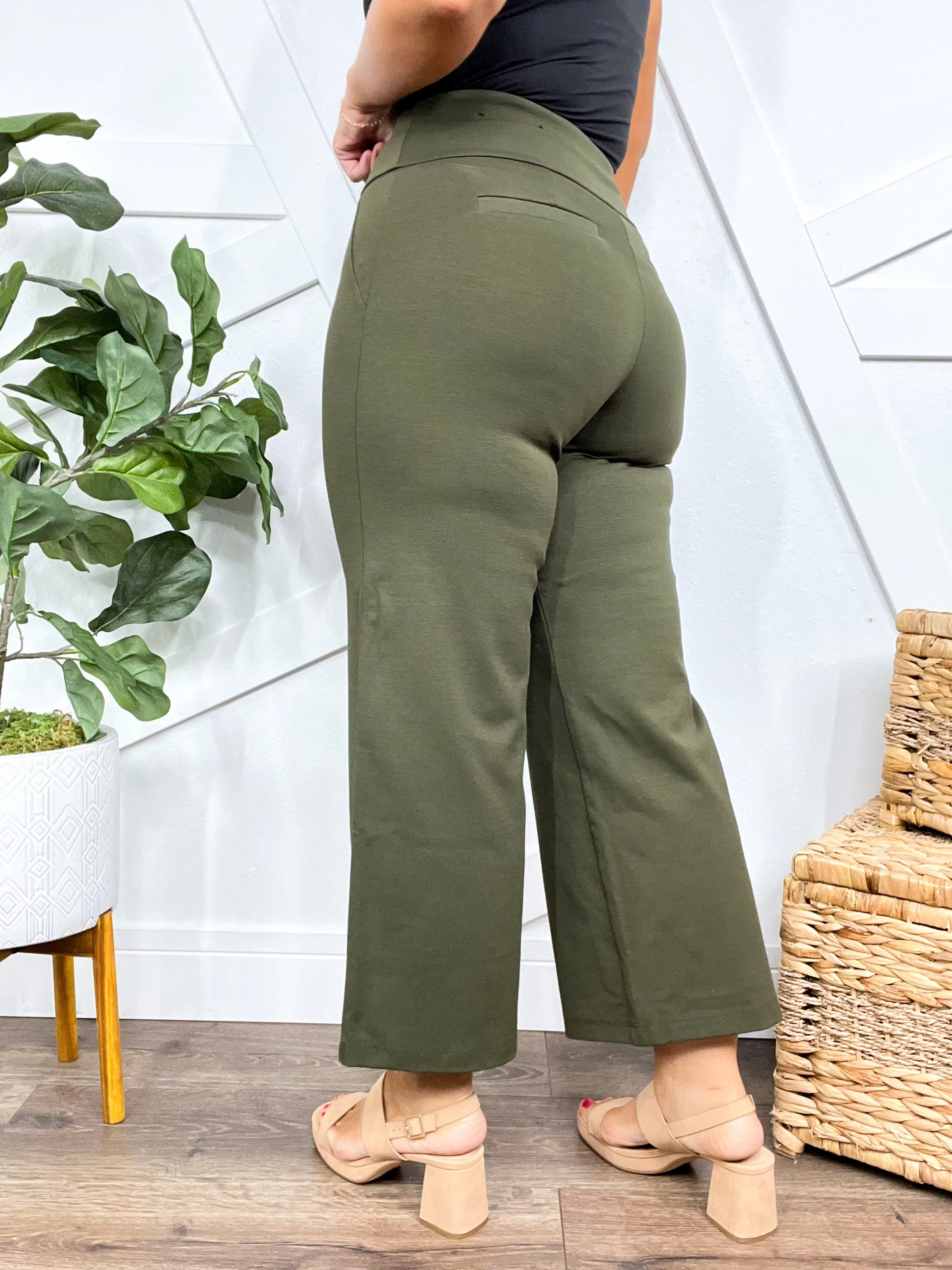 Office Day Trip Wide Leg Cropped Pants- Olive