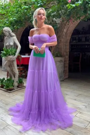 Purple Tulle A-line Strapless Off Shoulder Long Prom Dresses With Train, SLP019