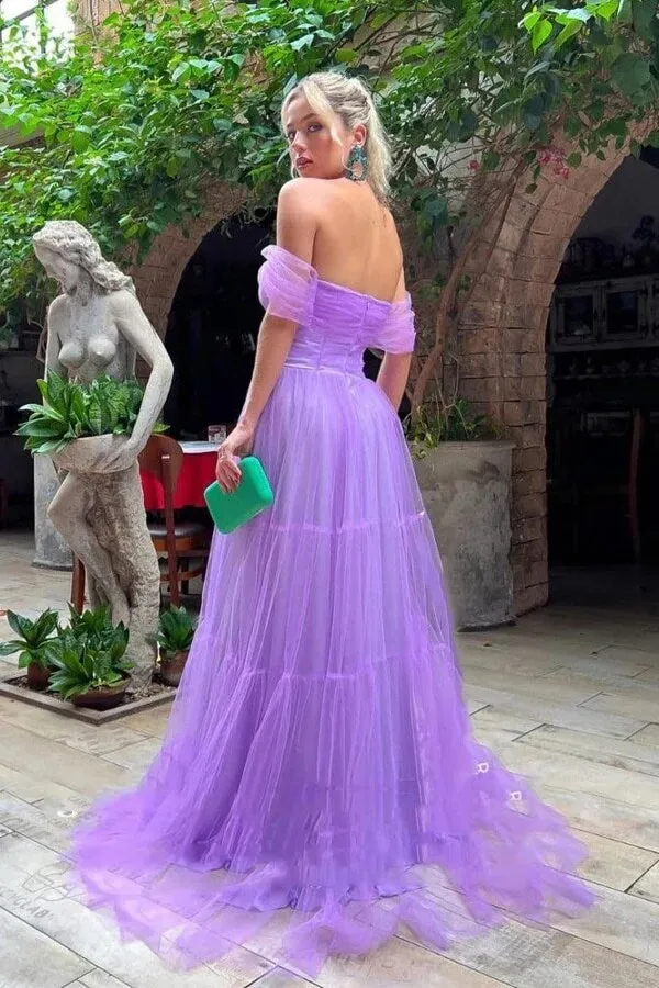 Purple Tulle A-line Strapless Off Shoulder Long Prom Dresses With Train, SLP019