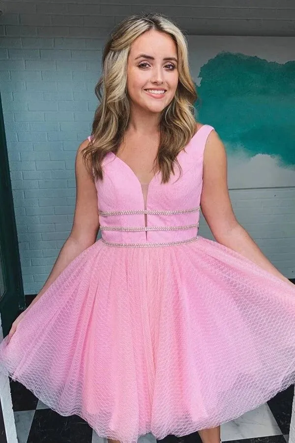 Purple Tulle A-line V-neck Beaded Homecoming Dresses, Graduation Dress, SH611