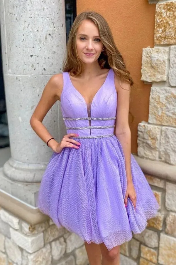 Purple Tulle A-line V-neck Beaded Homecoming Dresses, Graduation Dress, SH611